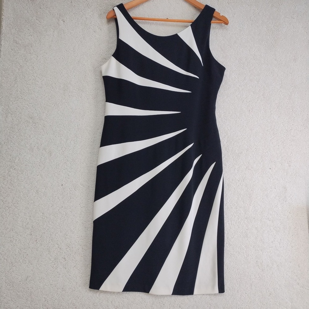 Joseph Ribkoff Dress Womens 14 Black White Sunburst Sheath Sleeveless Knee